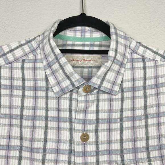 Tommy Bahama Men's Medium 100% Silk Short Sleeve Collared Shirt Plaid Cream - Picture 5 of 16
